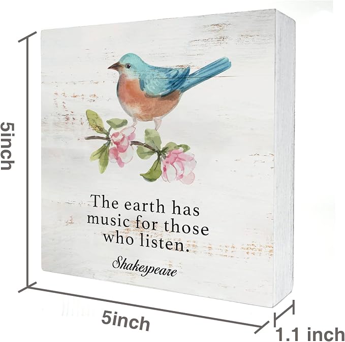 the Earth Has Music Wood Box Sign Home Decor Rustic Bird Spring Wooden Box Sign Block Plaque for Wall Tabletop Desk Home Decoration Bird Lover Gift