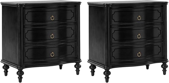 HULALA HOME Traditional Side Tables with 3 Drawers, Tall Side Table with Curved Front Profle Desgin, Charging Station, Solid Wood Legs, Set of 2, Black
