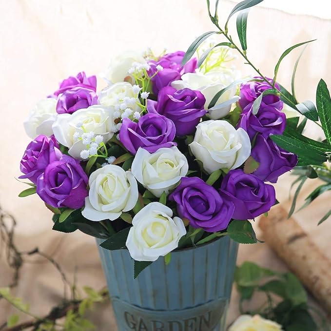 Veryhome Artificial Flowers Silk Roses Fake Bridal Wedding Bouquet for Home Garden Party Floral Decor 10 Pcs (Purple Straight stem)