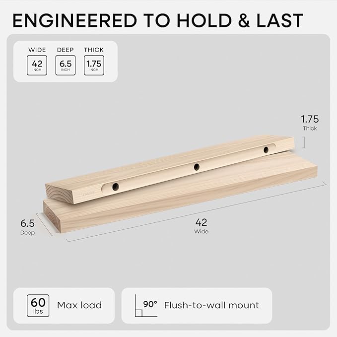 Homeforia 42 inch Wood Floating Shelf, High End Solid Natural Wood 42inch Large Floating Shelves for Wall Mounted, Unfinished Wooden Floating Shelves, Heavy Duty Bracket, 42 X 6.5 X 1.75 in, Set of 2