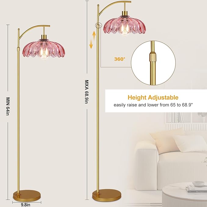 Pink Floor Lamp for Living Room,Bedroom,Glass Mid Century Modern Standing Lamp with Remote,Dimmable Gold Tall Lamp Vintage Arc Floor Lamps Flower Girls Kids Light Boho Bohemian