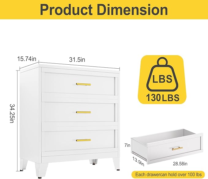 34.25" Tall Metal Dresser for Bedroom, 3 Drawer White File Cabinet with Gold Handles, Dressers Chests with Fluted Panel, Vertical Drawer Storage Cabinet for Living Room, Entryway, Hallway