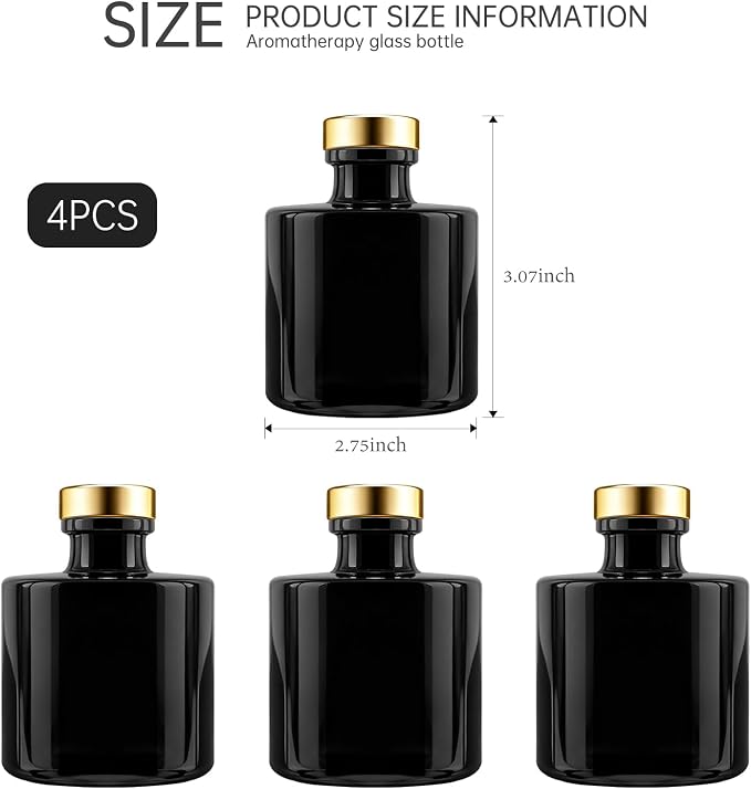 Black Glass Diffuser Bottles Round Diffuser Jars with Gold Caps Set of 4 – 2.95 inches High, 100ml 3.4ounce. Fragrance Accessories Use for DIY Replacement Reed Diffuser Sets.