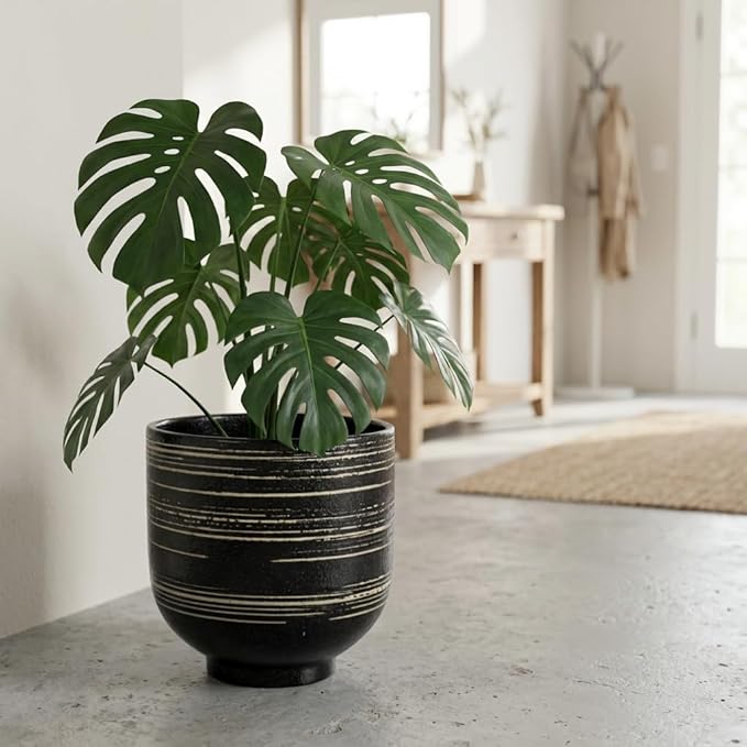 HERDUK Large Black Ceramic Planter for Indoor Trees, Modern Indoor Floor Planter Pot for Olive Trees & Faux Olive Trees, Pottery Planter with Drainage for Real Plants
