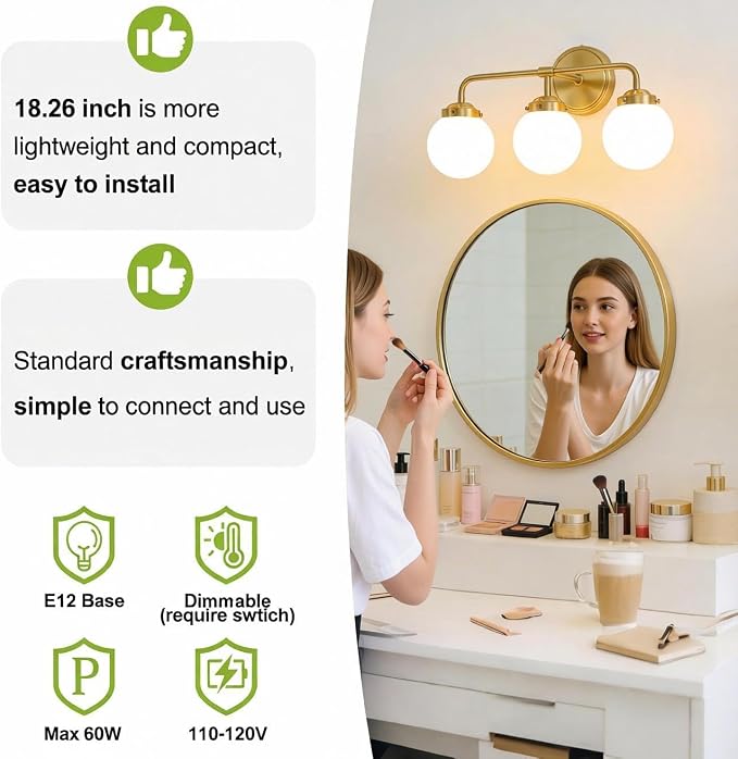 Bathroom Light Fixtures, 18.26'' Gold Vanity Light, Modern Brass 3 Lights Wall Sconce with Milky Glass Globe Shade, Small Bathroom Lighting Fixtures Over Mirror for Bathroom Living Room