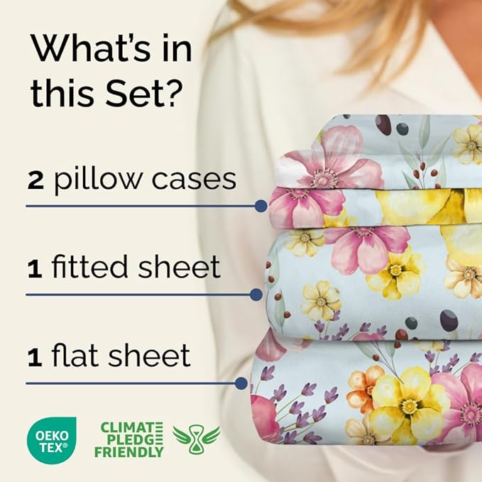 Floral Sheets - Watercolor Floral Bed Sheet Set - 1 Flat, 1 Fitted & 2 Pillowcases w/ Deep Pockets - Wrinkle & Fade Free - Boho Botanical Bedding - Ultra-Soft, Breathable and Cooling - King Size