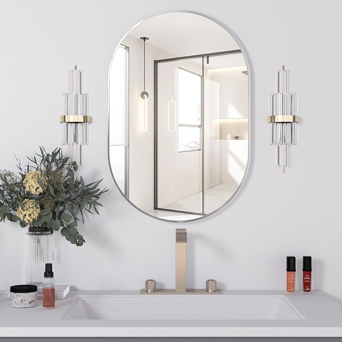 Oval Bathroom Mirror Wall Vanity Oval Mirrors, 2 Pieces 20"x30" Silver Bathroom Mirrors for Over Sink Pill Mirrors Capsule Wall Mounted Mirror, Modern Mirror with Metal Frame for Wall Decor