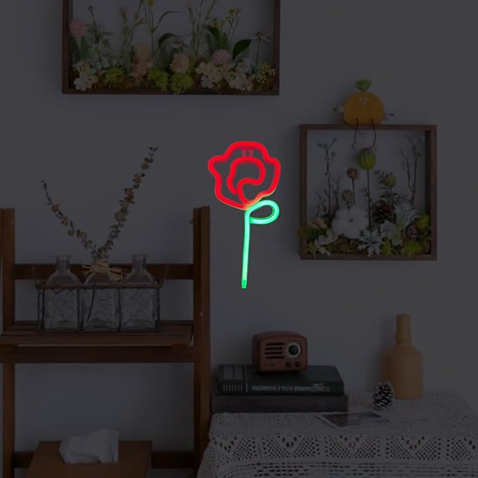 Rose Neon Sign - rose Flower with Green Stem Neon Art Wall Decor USB or 3-AA Battery Powered Operated for Girls Bedroom Birthday Gift Party Wedding Rose Lights for Bedroom (Red&Purple)