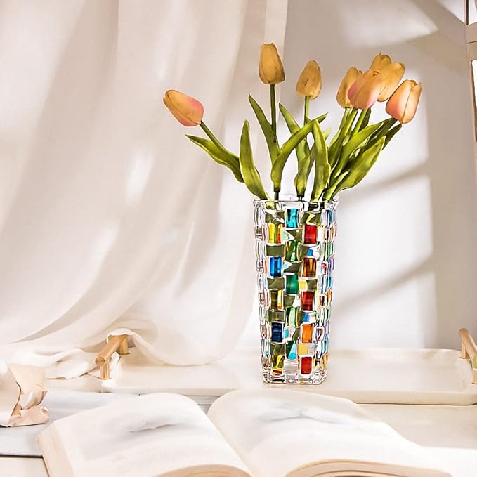 Magcolor Hand Painted Colorful Woven Glass Vase -Crystal Flower Vase- 7.7 inch, Glass Plant Vase for Floral Arrangements, Centerpieces, Weddings, Housewarming, Centerpiece Home Deco