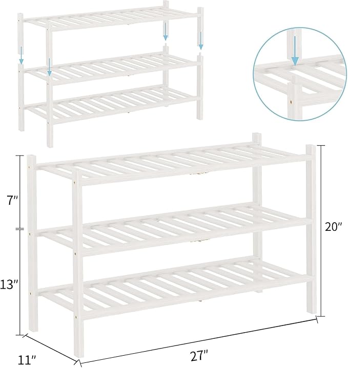 RONGJlA 2 Tier Bamboo Shoe Rack for Closet Free Standing Wood Shoe Shelf Storage Organizer for Entryway Small Space Stackable,White