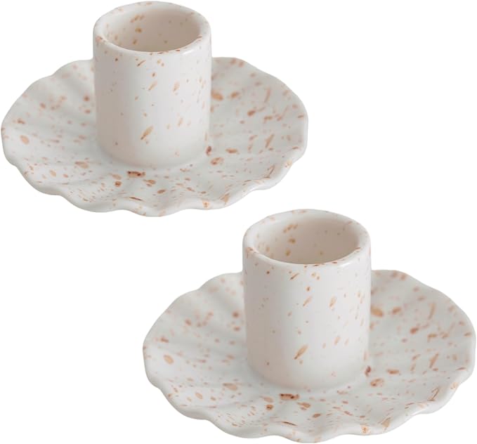 Ceramic Taper Candle Holders for Table Centerpiece, Decorative Candlestick Holders for Home Wedding Party, Housewarming Gifts, Pack of 2, Round Shape, White with Brown Splatter Ink Design