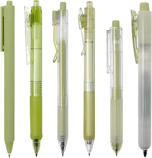 Allydrew Retractable Rollerball Pens & Highlighter Set - 0.5mm Black Gel Ink, Green (Set of 6)