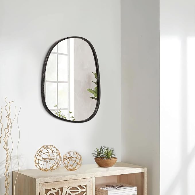 Asymmetrical Hanging Wood Mirror Irregular Oval Frame Mirror for Wall Modern Unique Decorative Mirror for Bathroom Vanity Living Room Bedroom Entryway Artistic Wall Mirror