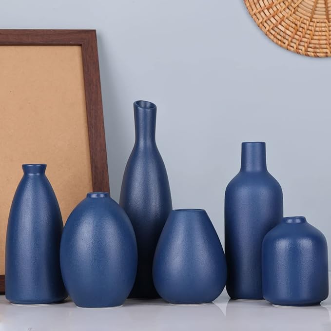 Blue Ceramic Vase - Set of 6 Blue Bud Vases, Modern Farmhouse Navy Blue Decorative Vases for Home, Office, Living Room, Table Decor - Ideal Centerpieces for Flowers, Shelf and Fireplace Accents