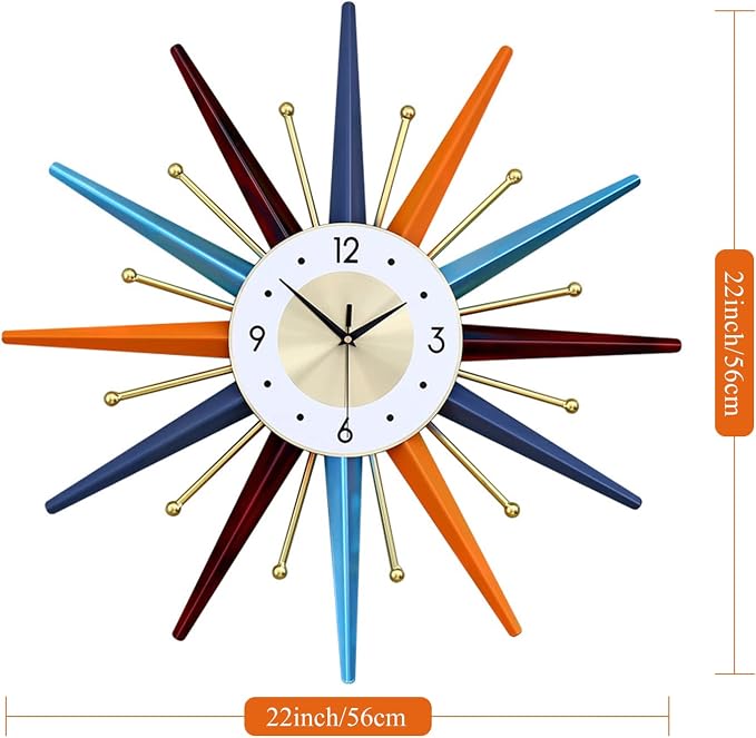 Starburst Large Wall Clock Metal Decorative,Mid Century Wall Clocks, Silent Non-Ticking Battery Operated Wall Clocks Home Décor for Living Room,Bedroom,Dining Room, Office, 22 inch