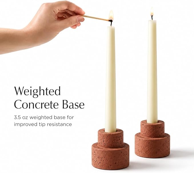 Set of 6 Concrete Candle Holders - Reversible Faux Travertine for 7/8" Taper & 1.5" Tealights, Stackable Heavyweight Minimalist Table Decor with Neutral Colors, Candles Not Included