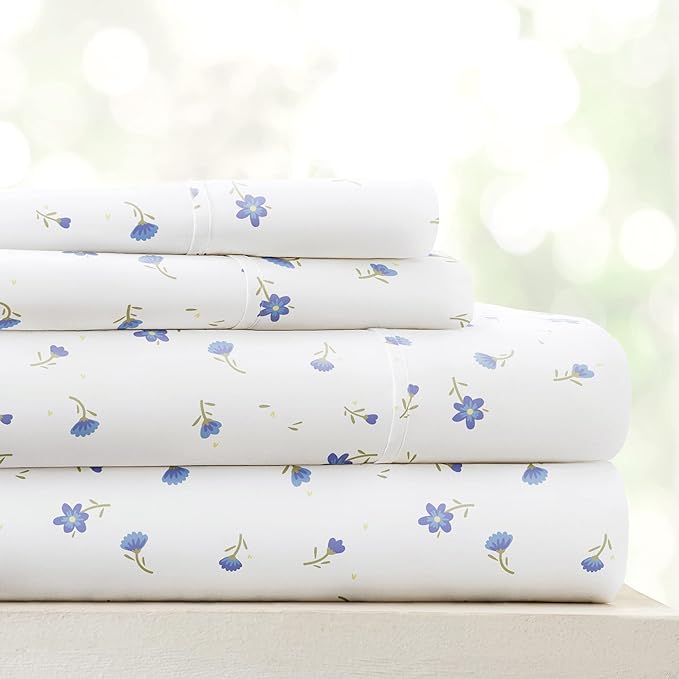 Linen Market Double-Brushed Patterned Microfiber King Sheet Set 4 Piece – Oeko-TEX Certified Ultra Soft & Wrinkle-Free - 16" Deep Pocket Sheets - Easy Care King Size - Soft Floral Light Blue