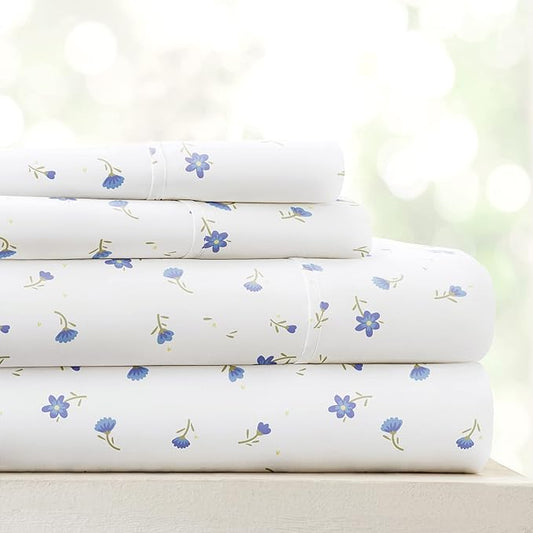 Linen Market Double-Brushed Patterned Microfiber King Sheet Set 4 Piece – Oeko-TEX Certified Ultra Soft & Wrinkle-Free - 16" Deep Pocket Sheets - Easy Care King Size - Soft Floral Light Blue