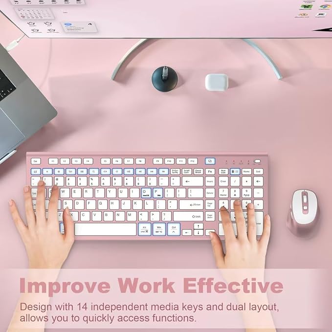 FENIFOX Wireless Keyboard and Mouse, Rechargeable USB C Combo Silent Quiet Compact Full Size Flat with Number Pad Soft Cover for Mac MacBook iMac Windows PC Laptop Computer Office - Pink & Rose Gold