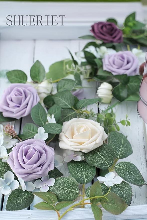 Purple Artificial Roses 25pcs, Real Looking Fake Foam Flowers with Stems for DIY Wedding Bouquets, Centerpieces, Bridal Shower, Party, Valentine's Day Decoration