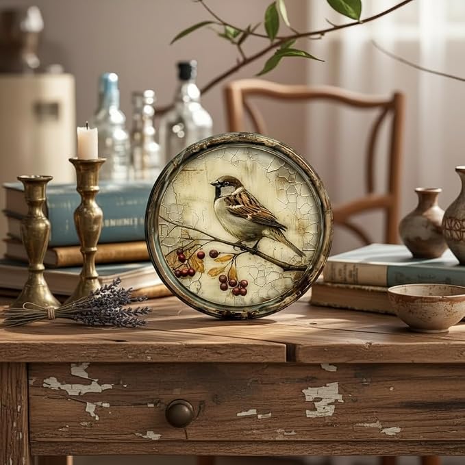 A Vintage Bird with a Cherry Round Wooden Sign, 7.98X7.98 Inches,Printed Wooden Wall Art, Suitable for Home, Kitchen, Garden, And Office Decor - The Perfect.