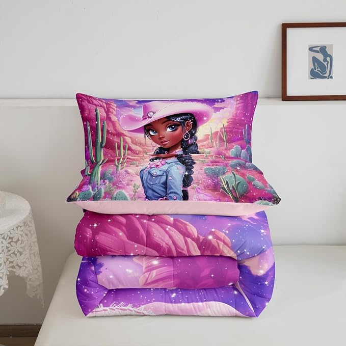 Western Cowgirl Full Size Comforter Set,Reversible African Style Cute Girl Print Black Bedding Comforters Bedroom Collection,Dreamy Stars Purple Galaxy Sparkling Bedding Set for Girls Teens
