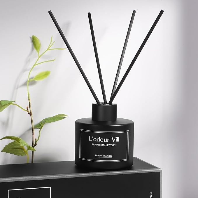 L'odeur Vill Reed Diffuser, 3.4oz(100ml) Moroccan Amber Reed Diffuser Set with 6 Oil Diffuser Sticks, Matte Black Aroma Scent Diffuser, Long Lasting Home Fragrance for Bathroom Shelf Decor