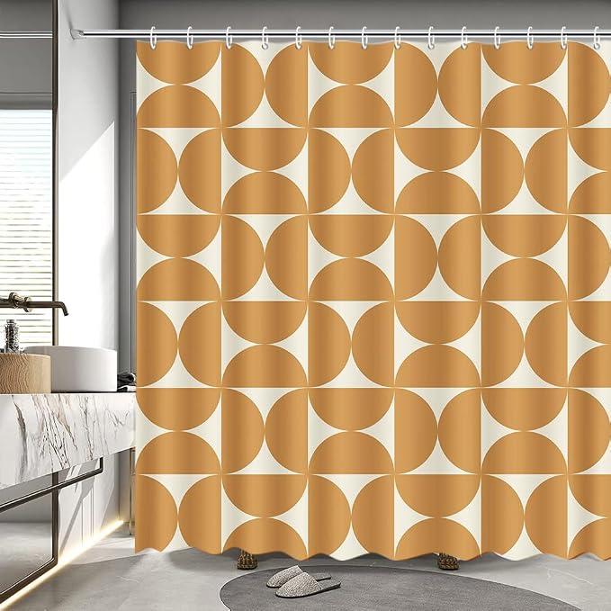 MEHOFOND Vintage Yellow Shower Curtain Modern Mid Century Abstract Geometric Bathroom Curtain Boho Retro Classic 1950S 60S Bathtub Decor Fabric Waterproof Bath Curtain with 12 Hook 72x72 Inch