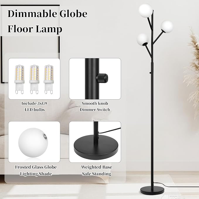 Ldeco 3-Globe Mid Century Black Tree Floor Lamp for Living Room,70in Tall Modern Stepless Dimmable Standing Lamp with Frosted Glass Shade for Office Bedroom, Study Room Bulbs Included(dimmer-Black)
