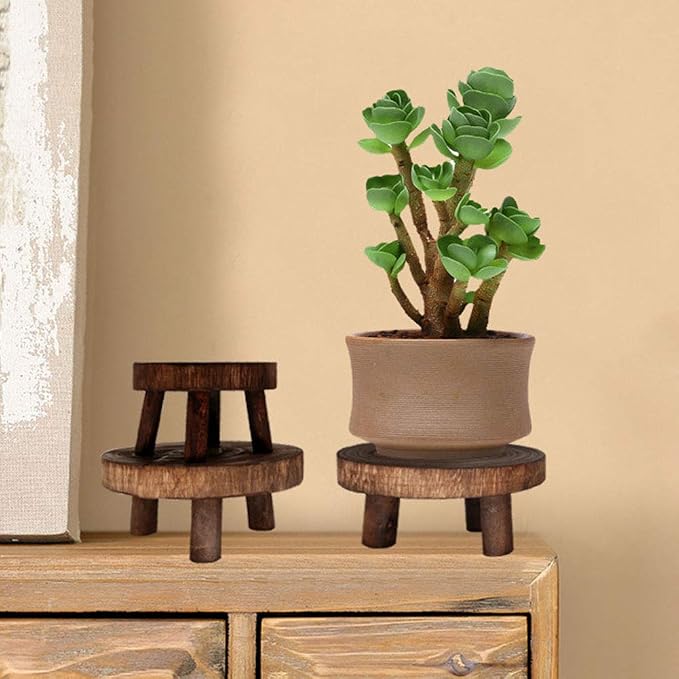 æ— Mini Wooden Stool Flower Display Stand, Potted Plant Shelf Succulents Bonsai Rack, Vintage Wood Grain Garden Plant Pot Riser Stand for Indoor Outdoor Office Dining Room Decor
