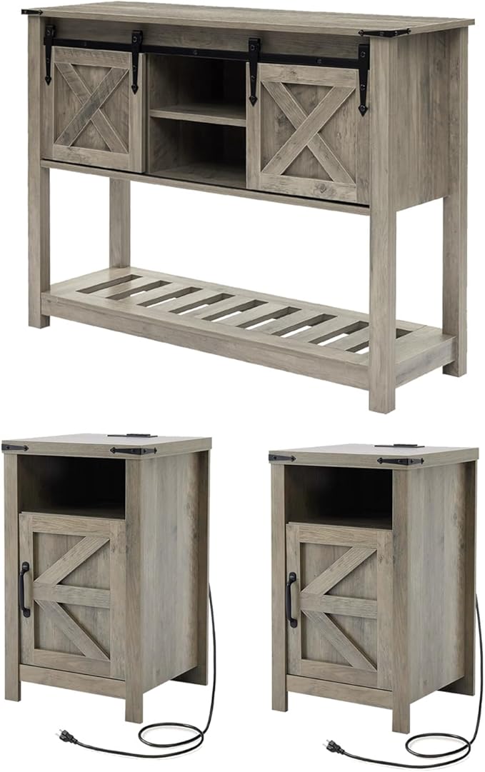 Farmhouse Living Room Table Set of 3, 2 Rustic End Table with Charging Station and 1 Sofa Table with Large Hidden Storage, Farmhouse Sofa Table Set for Living Room, Office, Grey