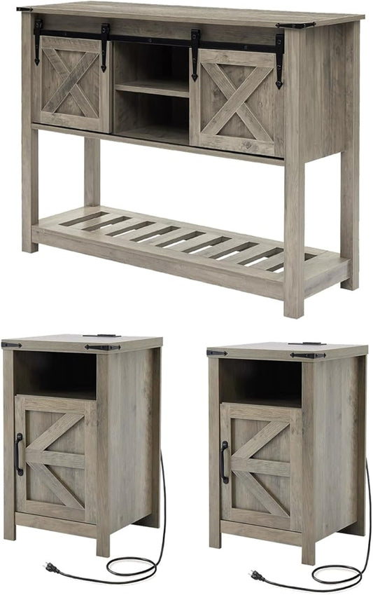 Farmhouse Living Room Table Set of 3, 2 Rustic End Table with Charging Station and 1 Sofa Table with Large Hidden Storage, Farmhouse Sofa Table Set for Living Room, Office, Grey