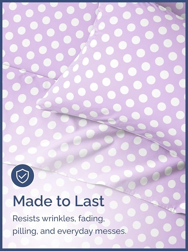 Kids Purple Dots Full 4 Piece Sheet Set - Boys, Girls, Teens, Toddler - Easy Fit Deep Pockets - Breathable, Hotel Quality Sheets - Machine Washable - Wrinkle Free - Cute, Cozy, Soft - CGK Linens