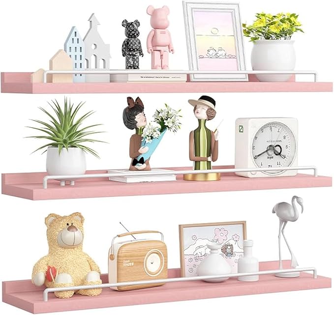 RYOFOBETTO 22 inches Long Floating Shelves, Bathroom Decor Shelves Over Toilet, Farmhouse Wall Shelves for Living Room, Bedroom, Picture Frames, Plants, Kitchen, Set of 3 (Pink and White)