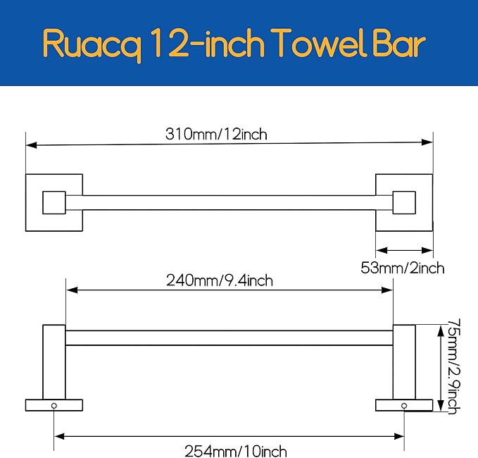 Ruacq Hand Towel Holder Towel Ring Black Center to Center 10inch Towel Bars Square Matte Black Bathroom Stainless Steel and Zinc Alloy Modern Wall Mounted Total Length 12 inch
