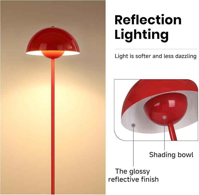 Coucrek Red Floor Lamp for Living Room, 66'' Tall Industrial Standing Lamp with Unique Reflecting Shade, Mid Century Modern Ambient Light for Bedroom Office Corner