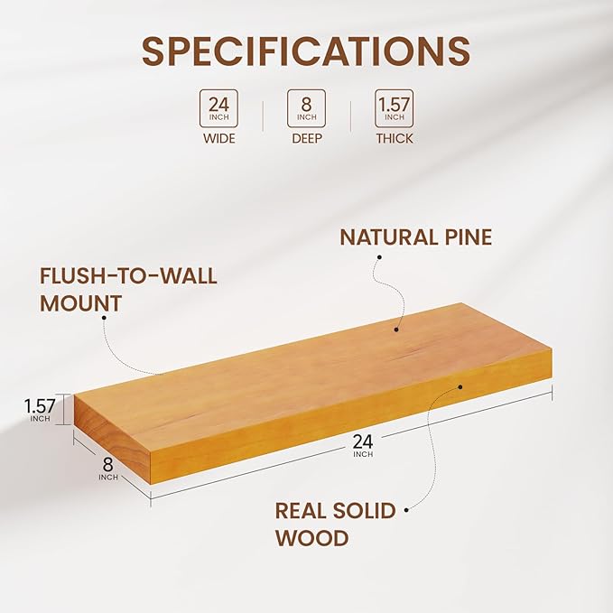 Heimlove Pine Wood Floating Shelves, 8 Inch Deep Real Wood Shelves Set of 2, Wall Mounted Rustic Wood 24x8 Floating Shelf with Invisible Brackets for Bedroom Kitchen Living Room - Honey Oak