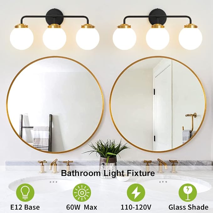 Black Gold Bathroom Light Fixtures Over Mirror, 22.4'' Modern Vanity Lighting with White Glass Globe Shade 3-Light Farmhouse Wall Sconce