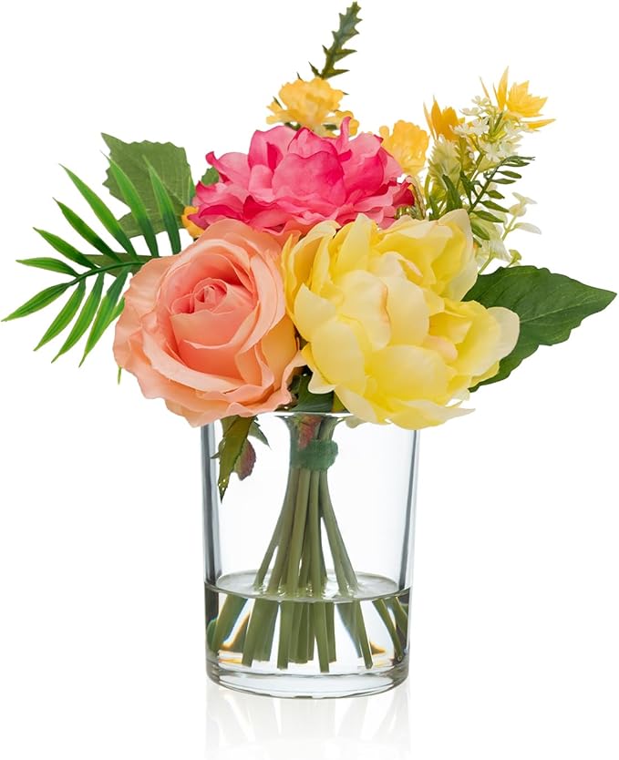 WELL KNOWN Artificial Flowers in Glass Vase, Silk Rose Peony Flower Bouquet for Home Dinning Tea Table, Office Desktop, Hotel, Wedding, Party, Lavatory Decor & Gift (Hot Pink, Coral & Yellow)