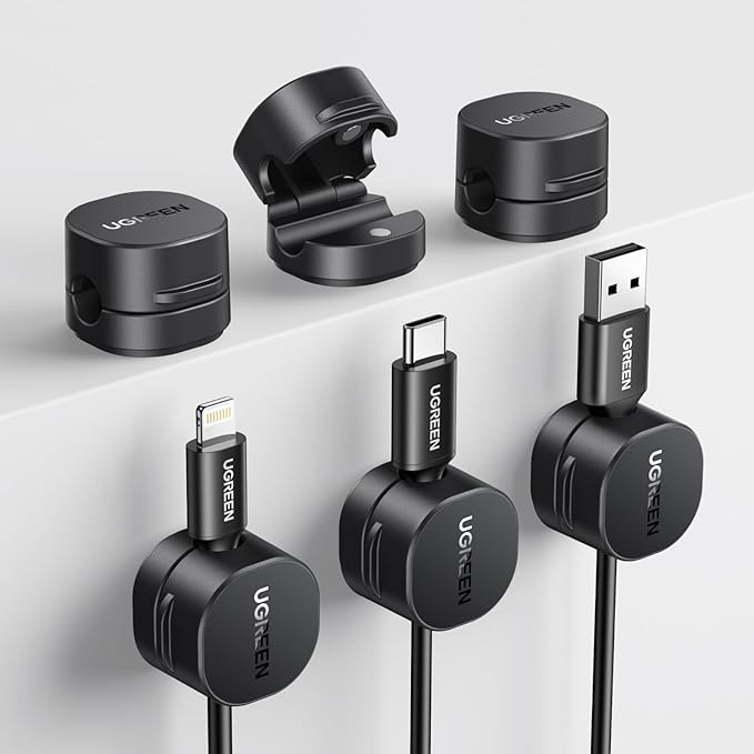UGREEN Cable Organizer Clips, Adhesive Cable Management - 6-Pack Strong Magnetic Cord Holder for Desk to Keep Phone Charging Cables, Computer Cords, and Various Cord Organized for Nightstand, Black