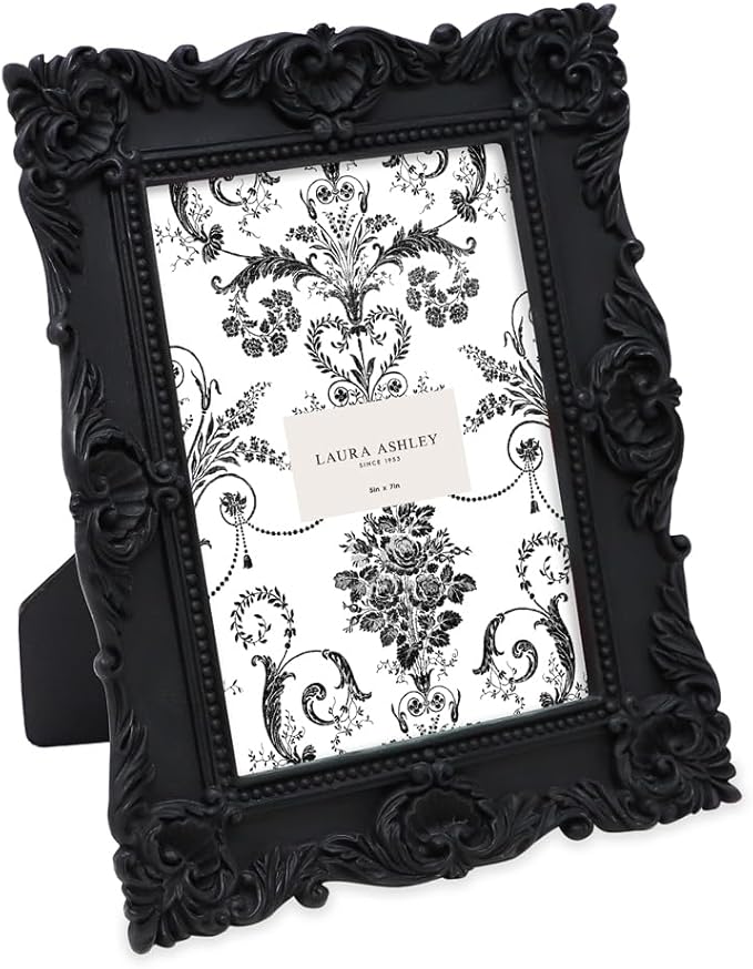 Laura Ashley 5x7 Black Ornate Textured Hand-Crafted Resin Picture Frame with Easel & Hook for Tabletop & Wall Display, Decorative Floral Design Home Décor, Photo Gallery, Art, More (5x7, Black)