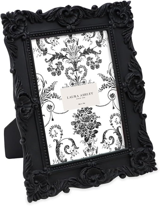 Laura Ashley 5x7 Black Ornate Textured Hand-Crafted Resin Picture Frame with Easel & Hook for Tabletop & Wall Display, Decorative Floral Design Home Décor, Photo Gallery, Art, More (5x7, Black)