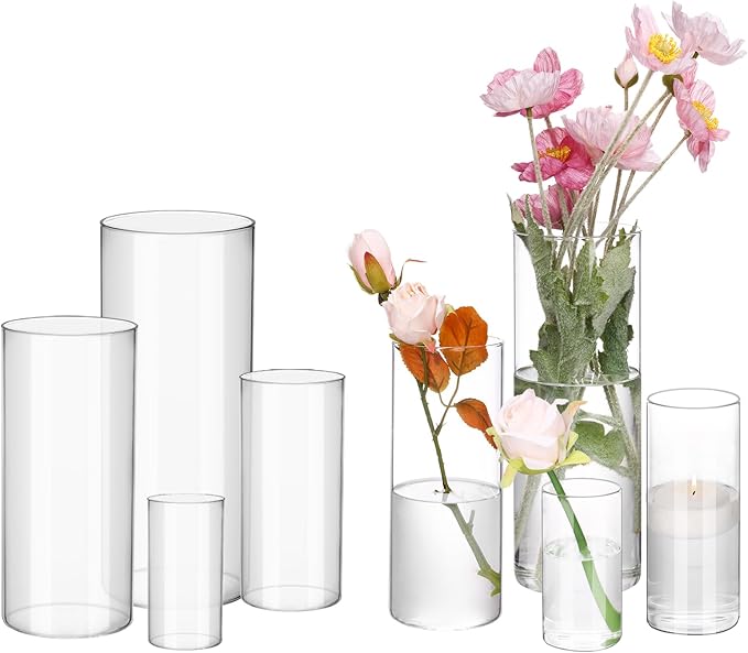 Fixwal 8pcs Clear Glass Cylinder Vases, 4, 6, 8, 10 Inch Tall Cylinder Vases for Centerpieces, Glass Flower Vase, Floating Candle Holder Vase for Table Shelf, Party, Wedding, Home Decor