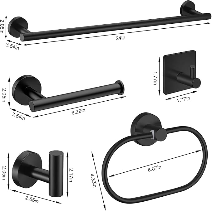 Black Bathroom Accessories Set, 7 Pieces Black Towel Bar Bathroom Hardware Set, 24 Inch Towel Racks for Bathroom, SUS304 Stainless Steel Bathroom Towel Holder Toilet Paper Holder Wall Mounted
