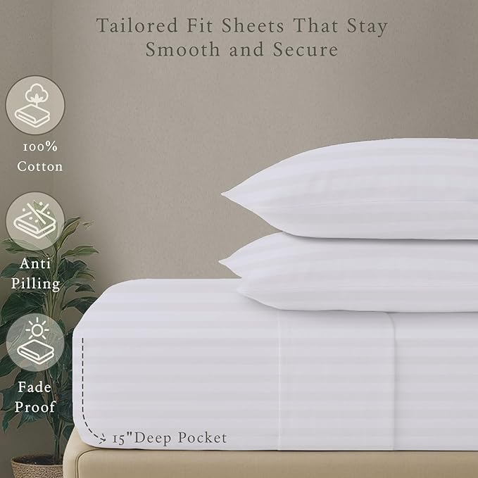Threadmill 500 Thread Count Twin-XL Size Damask Stripe, 3 Pc Luxury Cotton Bed Sheet Set, Breathable Hotel White Sheets with 15" Elasticized Deep Pocket, 1 Pillowcase & Free Tote Bag