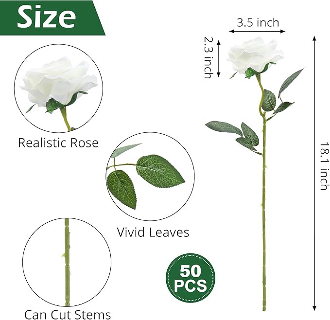 50pcs Artificial Roses Flowers in Bulk,Realistic Silk Fake Rose with Long Stem for Wedding Centerpieces Bouquet Party Floral Arrangement Home Decoration(Ivory White)