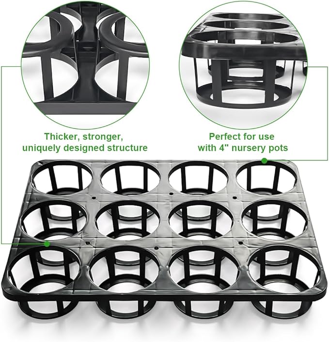 12 Cell Round Nursery Pots Tray, Plant Pot Shuttle Carry Holder and Trays for 4 inch Round Plastic Nursery Pots Flowerpot Carrier Transporting (16.75" 12.43", 2.1" Deep, 5-Pack)