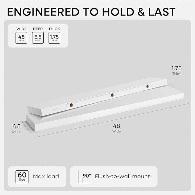 Homeforia White Floating Shelf 48 inches, High End Solid Real Wood 48inch Long Floating Shelves for Wall Mounted, White Wooden 48in Floating Shelves, Heavy Duty Bracket, 48 X 6.5 X 1.75 inch, Set of 3