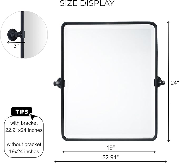 TEHOME Pivot Mirror for Bathroom Matt Black Tilt Beveled Mirror Rectangle Bathroom Mirror Pivoting Metal Framed Vanity Mirrors for Wall, Vertical, Overall 22.91 x 24 inches (Mirrror 19 x 24 inches)