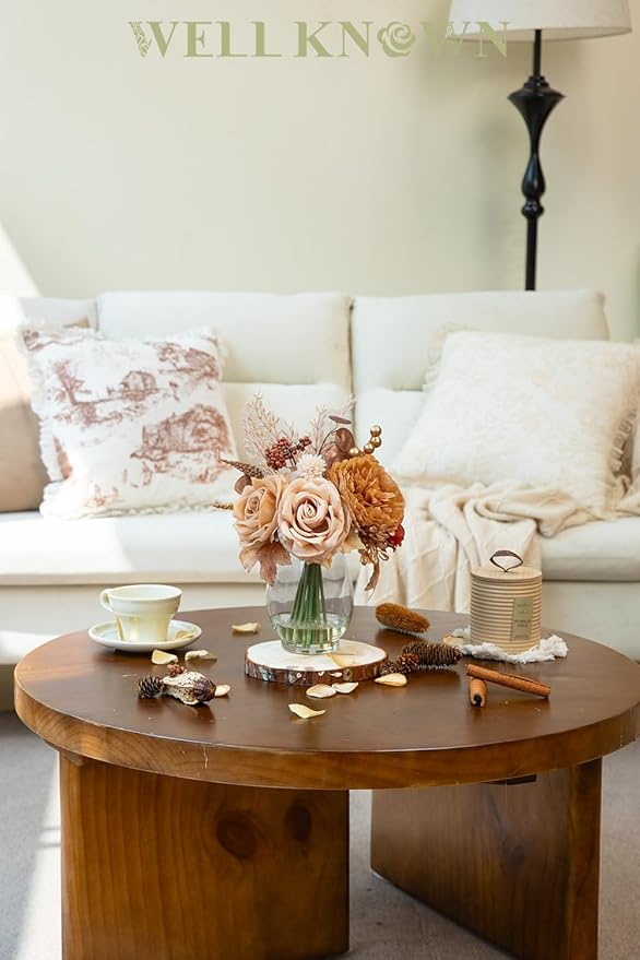 Artificial Flowers in Vase with Fake Water, Fake Terracotta Coffee Earth Tone Silk Rose Gold Berry Flowers Arrangement for Winter Home Decor Dining Table Centerpiece Wedding Christmas Party Gift
